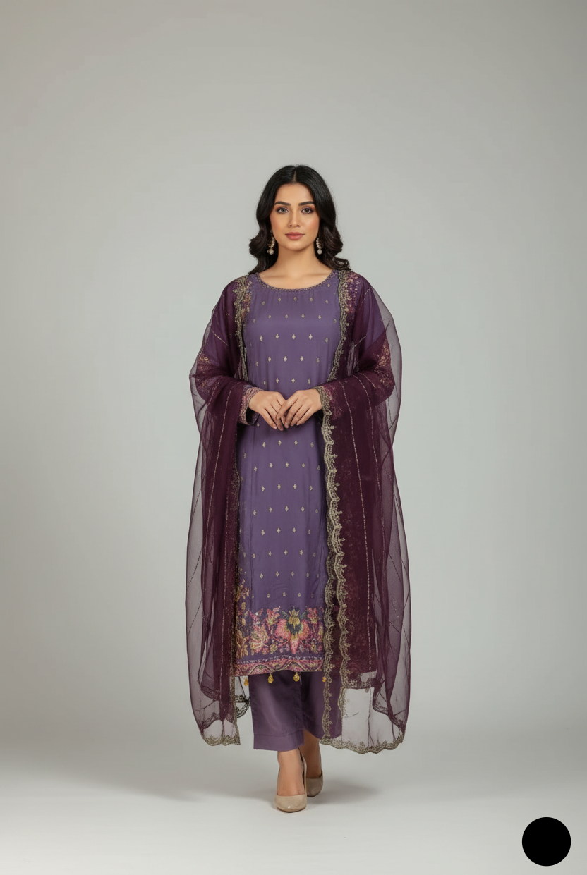 Chiffon straight shirt plazo purple - Pakistani women's party wear with viscose plazo and chiffon dupatta front view