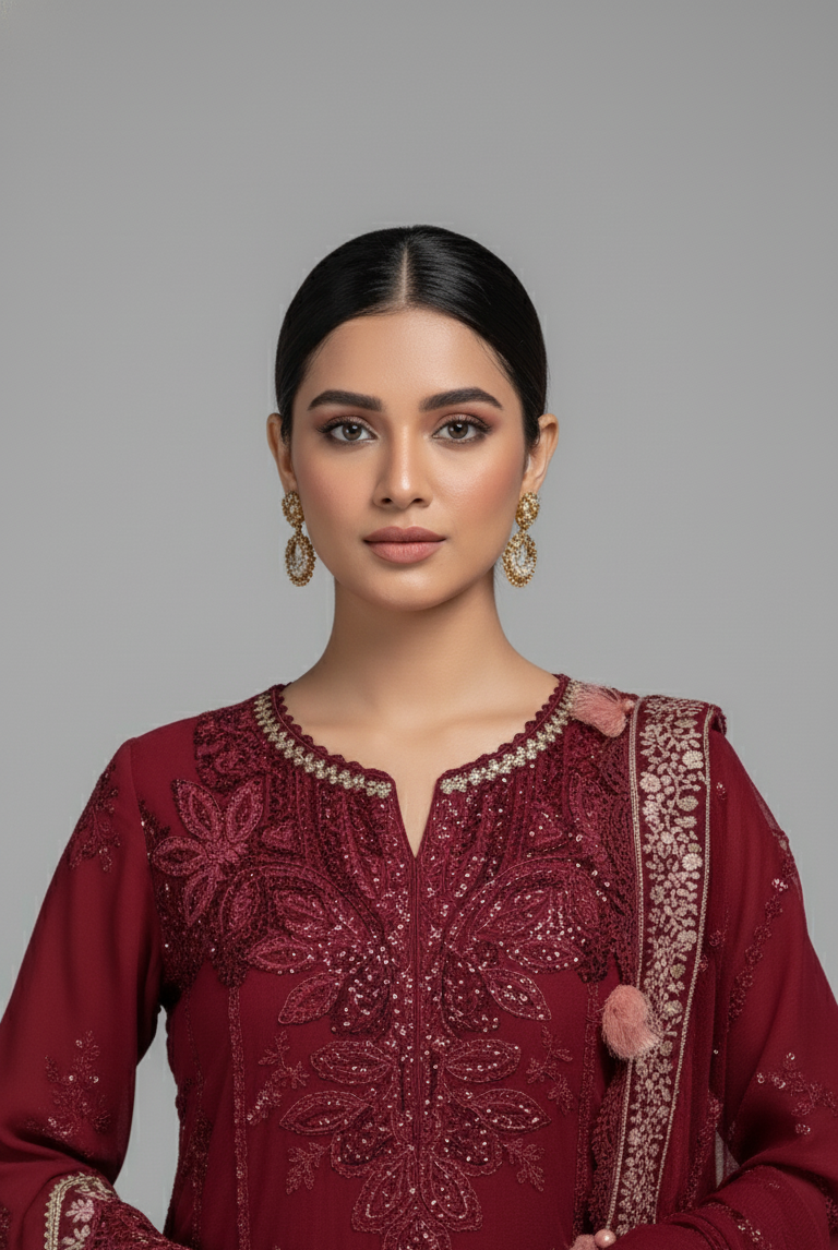 Maroon organza Pakistani women's A-Line shirt side view