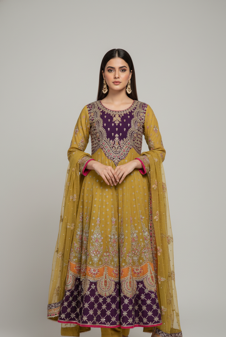 Chiffon long maxi ABS 3028 - Pakistani women's luxury formal wear with grip trouser front view