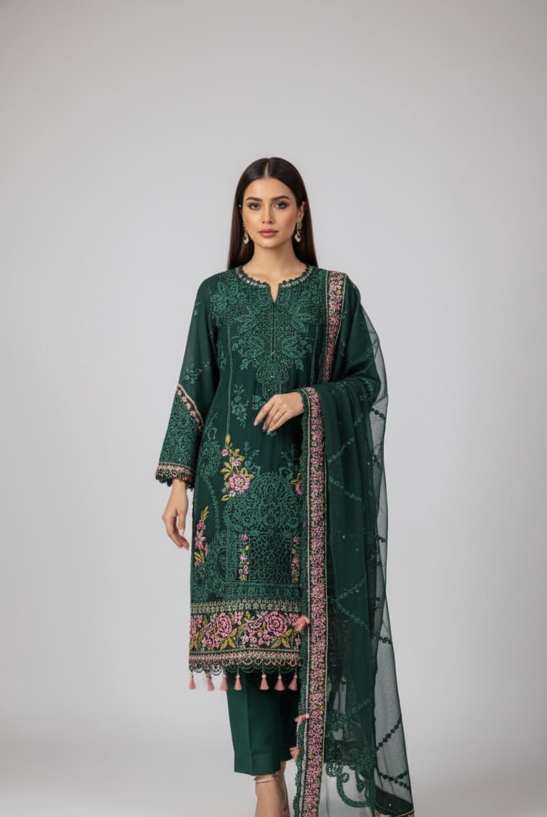 Organza A-Line shirt bottle green - Pakistani women's formal party wear with viscose trouser and organza dupatta front view