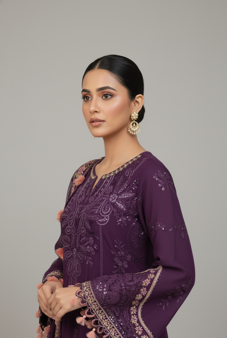 Pakistani women's dark purple organza A-Line shirt detail view