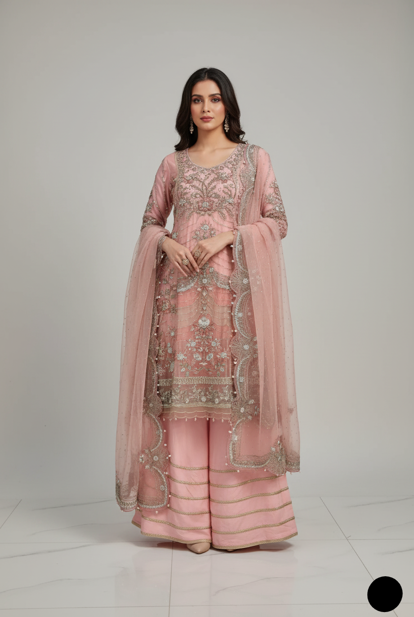 Organza frock plazo ABL 3905 - Pakistani women's luxury formal wear with viscose plazo and organza dupatta front view