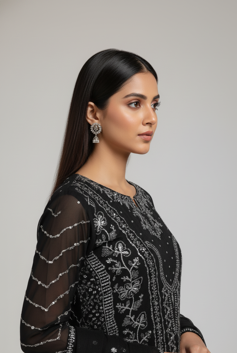 Black organza Pakistani women's straight shirt with plazo side view