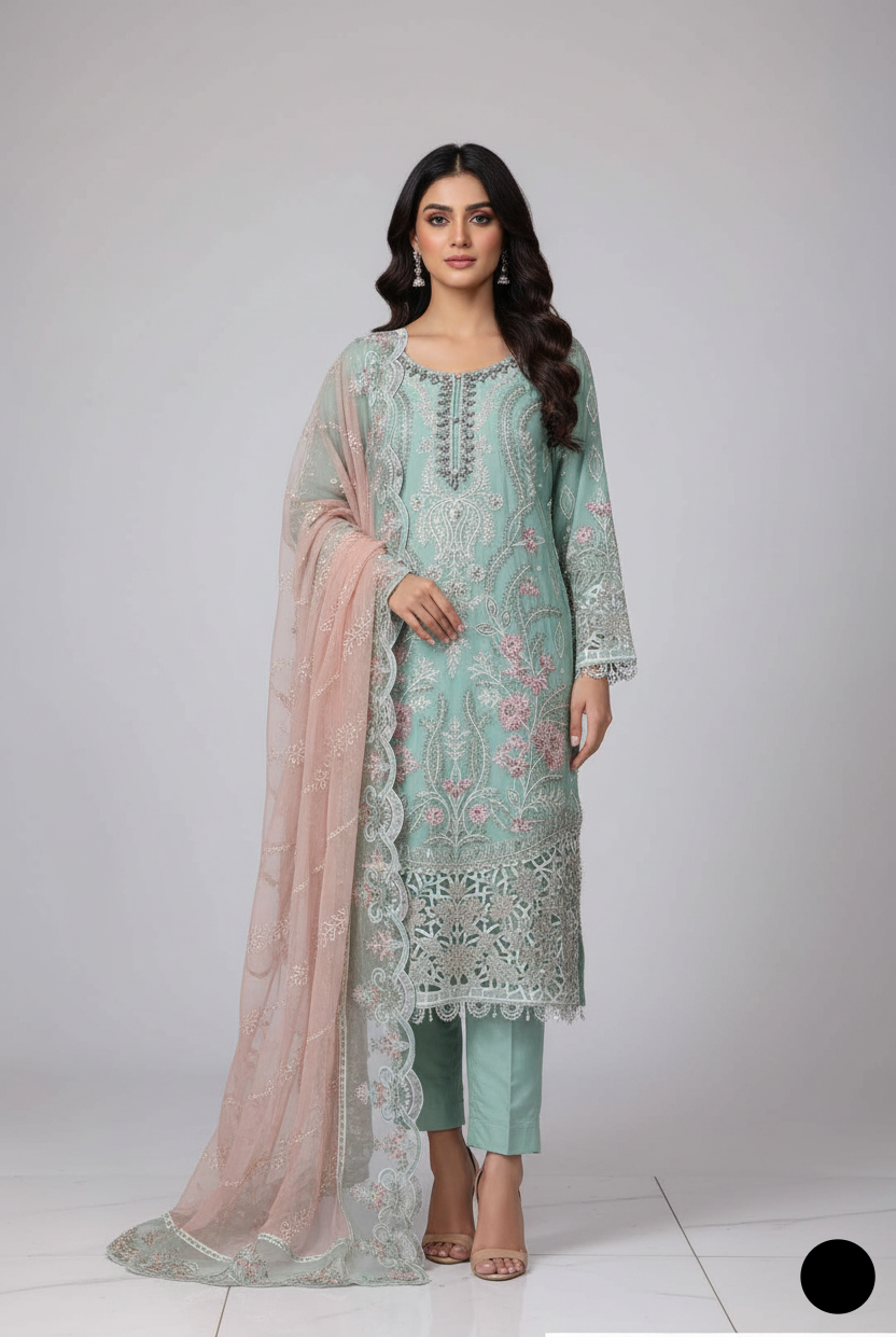 Chiffon straight shirt plazo ferozi - Pakistani women's party wear with grip plazo and organza dupatta front view