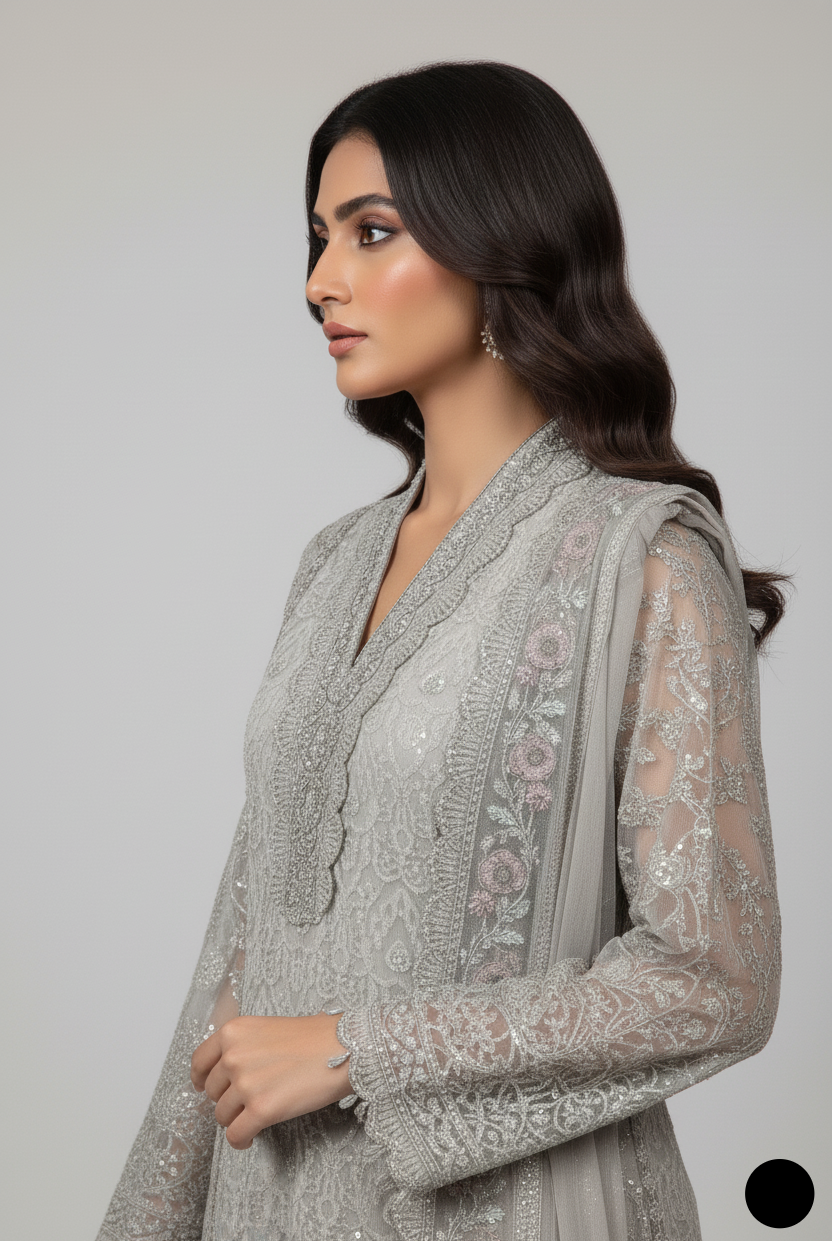 Pakistani women's skin chiffon straight shirt plazo detail view