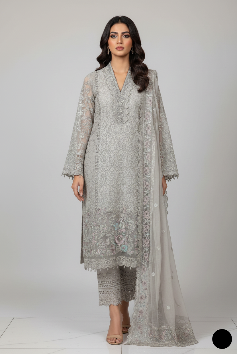Chiffon straight shirt plazo skin - Pakistani women's party wear with grip plazo and organza dupatta front view