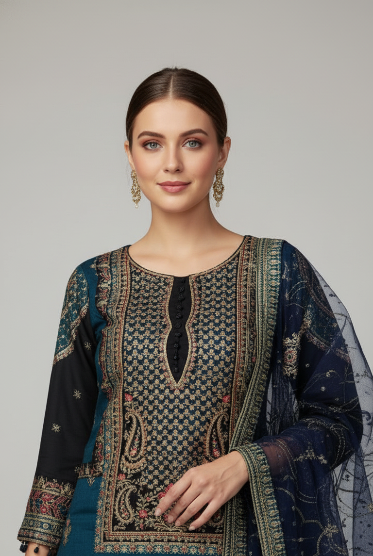 Zinc grey organza Pakistani women's straight shirt with plazo side view
