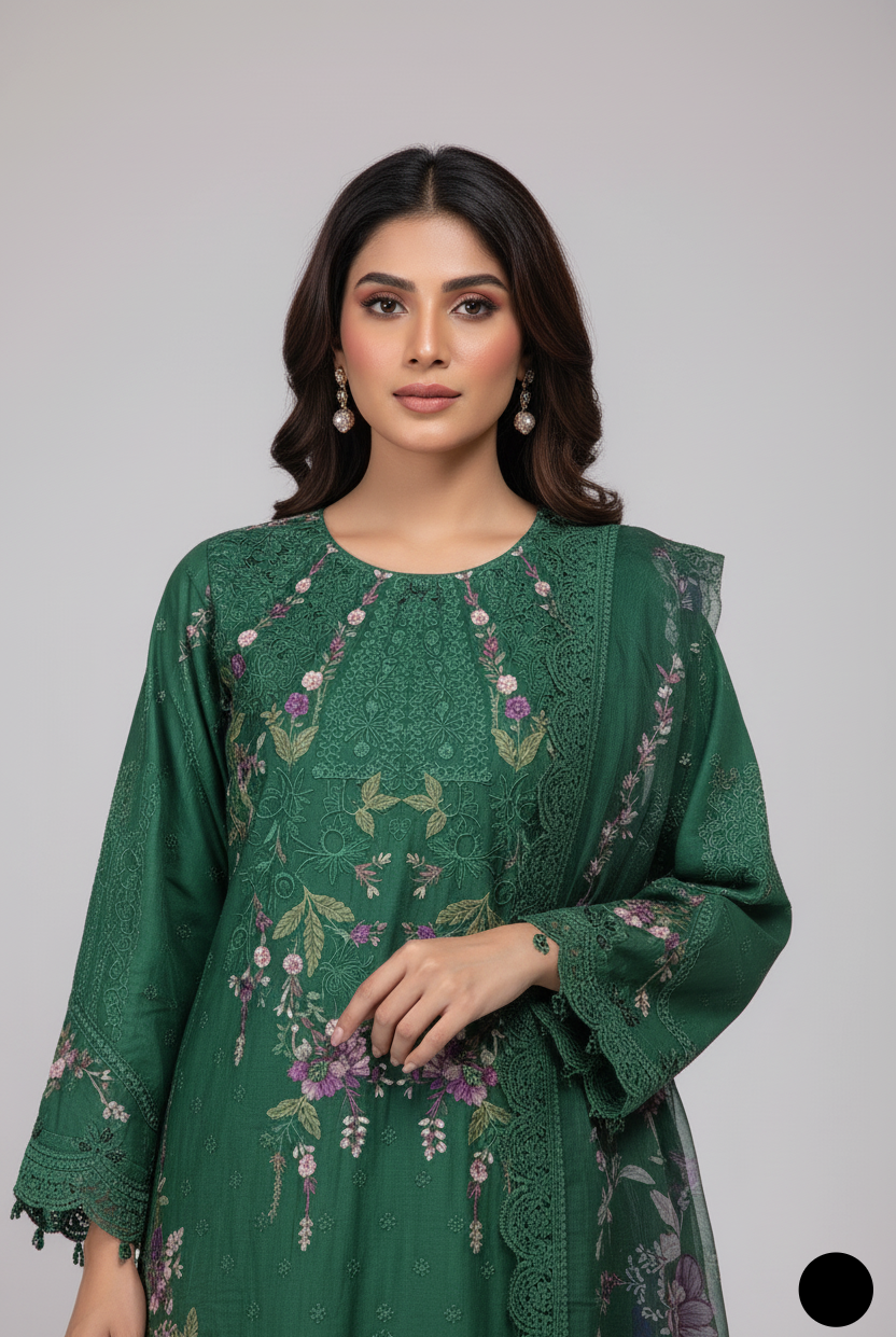 Organza A-Line shirt green - Pakistani women's elegant formal wear with viscose trouser and organza dupatta front view