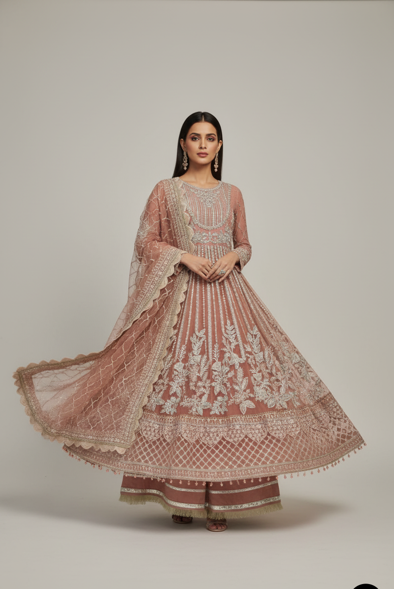 Net long frock lehenga ABL 3987 - Pakistani women's luxury bridal wear with organza dupatta front view