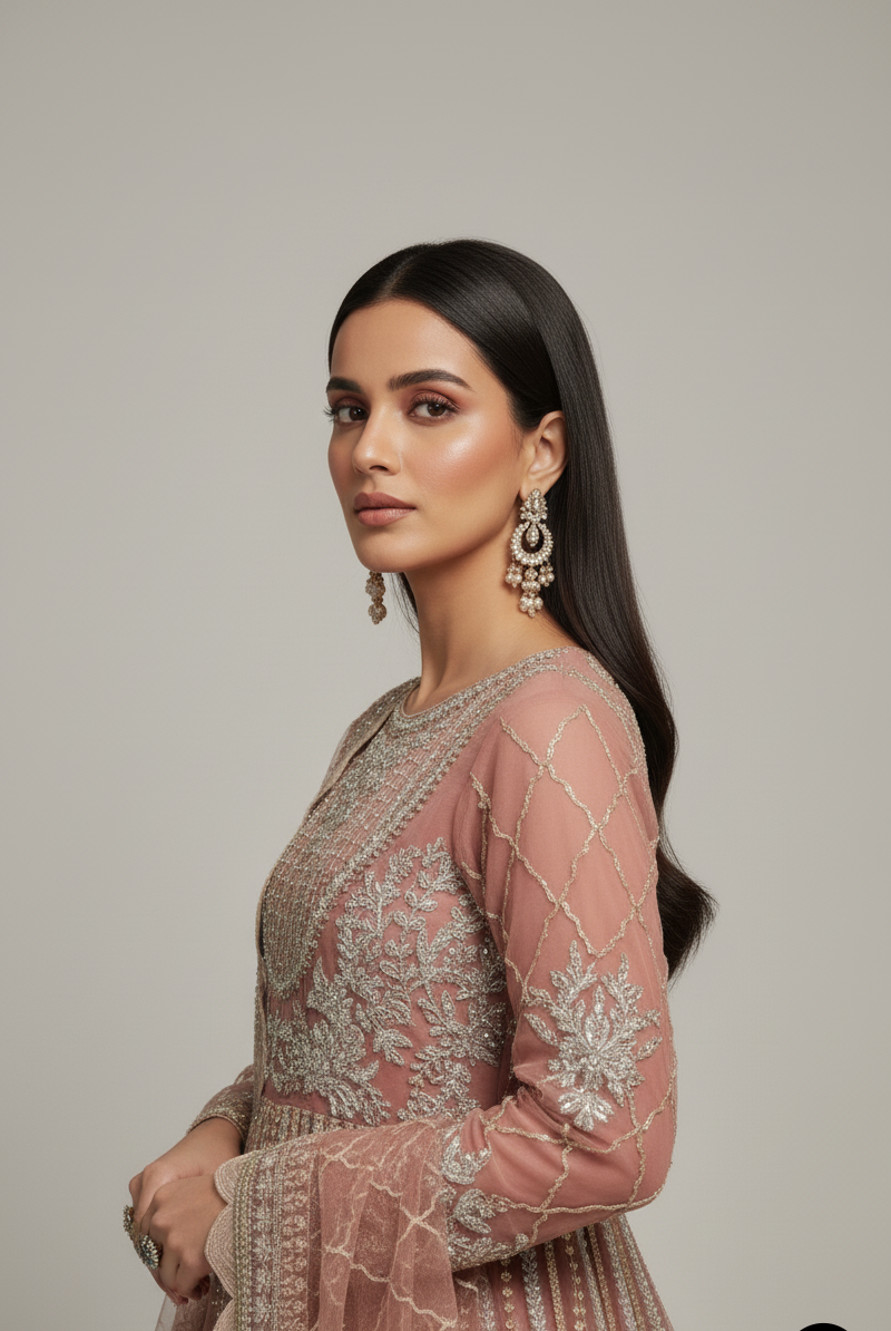 ABL 3987 Pakistani women's net long frock lehenga detail view