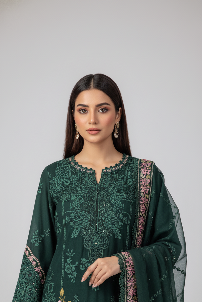 Bottle green organza Pakistani women's A-Line shirt side view