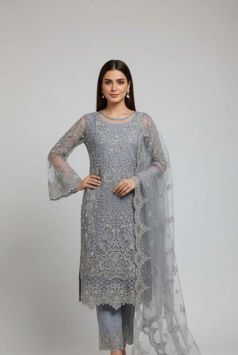 Organza straight shirt grey - Pakistani women's elegant formal wear with viscose trouser and organza dupatta front view