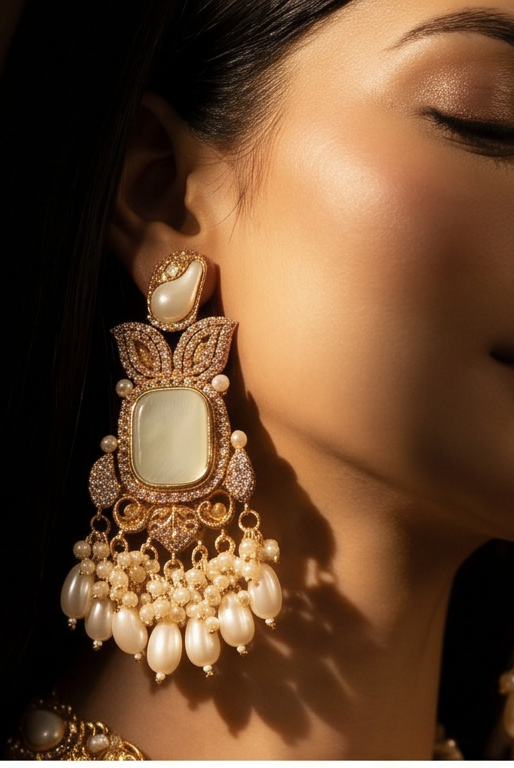 Pakistani women's royal pearl choker set side view