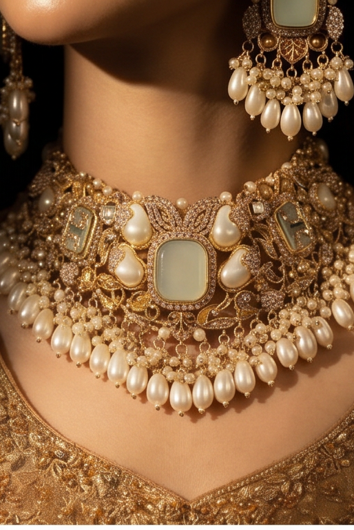 Pakistani women's royal pearl choker bridal jewelry detail view