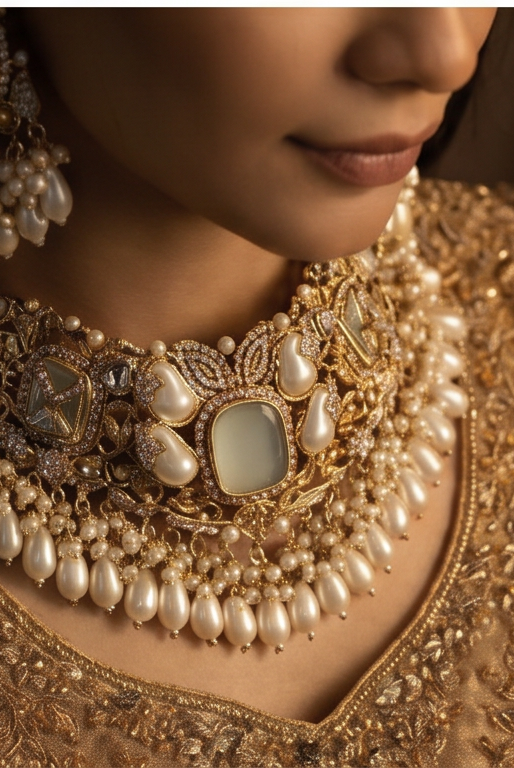 Pakistani women's royal pearl choker bridal set back view