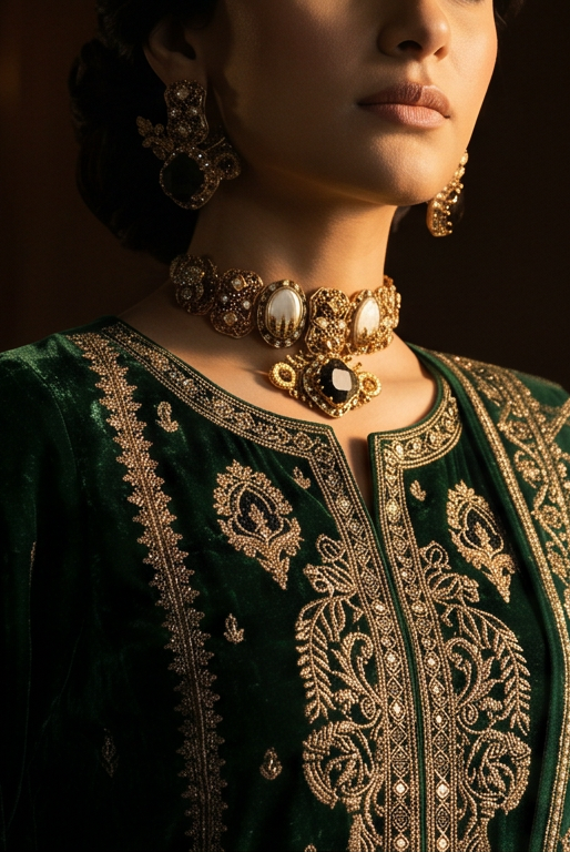 JW279 vintage onyx pearl Pakistani women's luxury choker set side view