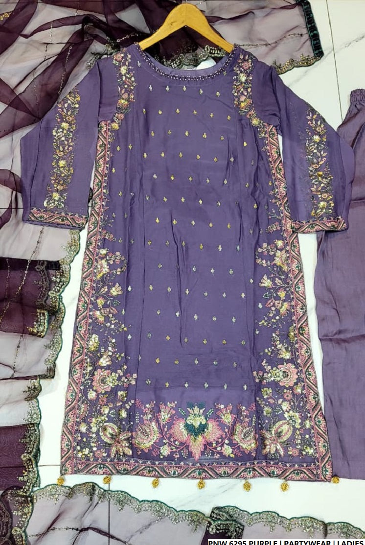 Pakistani women's purple chiffon straight shirt plazo full view