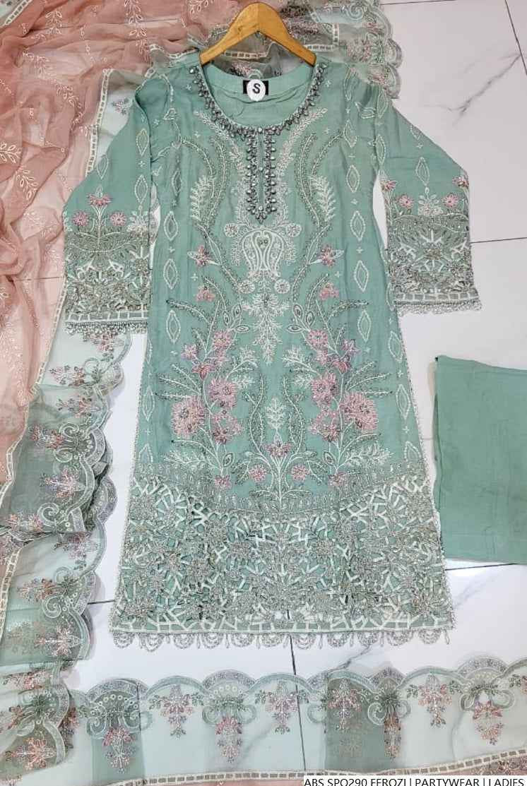 Pakistani women's ferozi chiffon straight shirt plazo full view