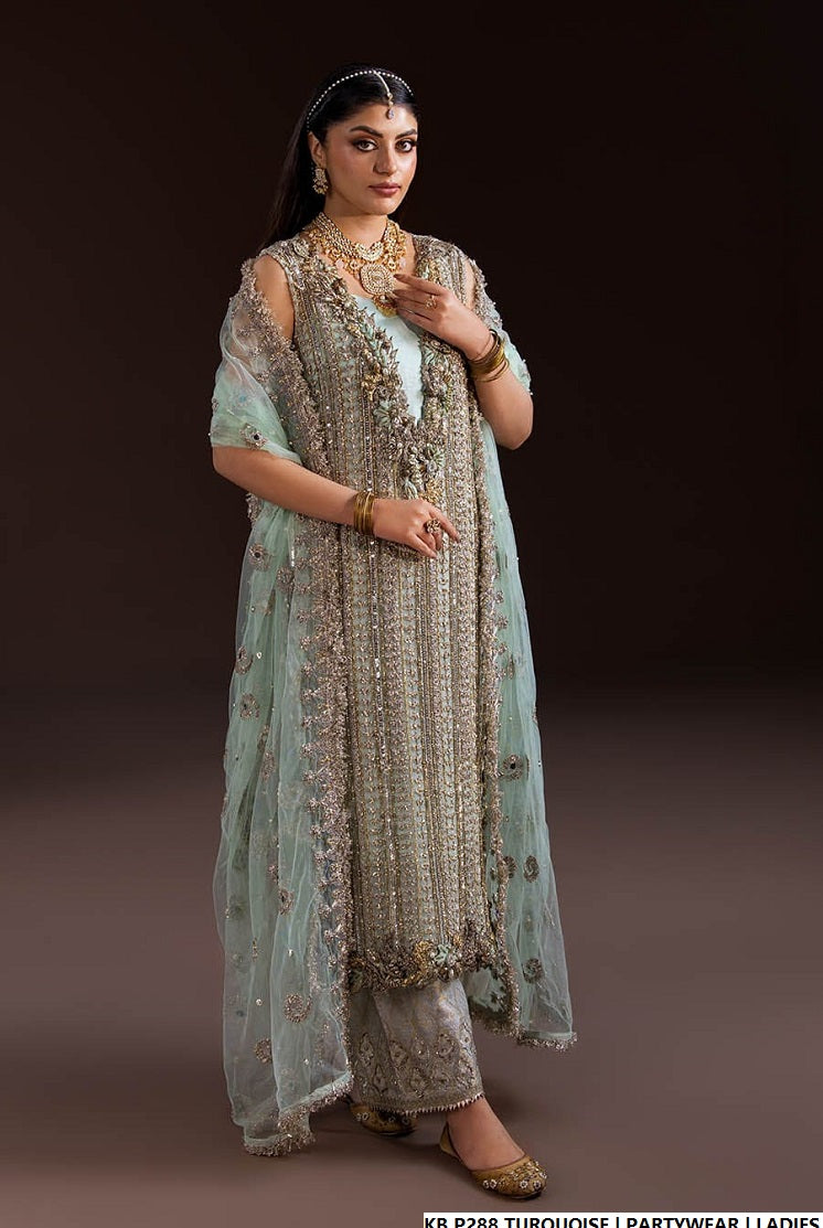 Hand embroidered luxury suit turquoise - Pakistani women's bridal formal wear with embroidered dupatta front view