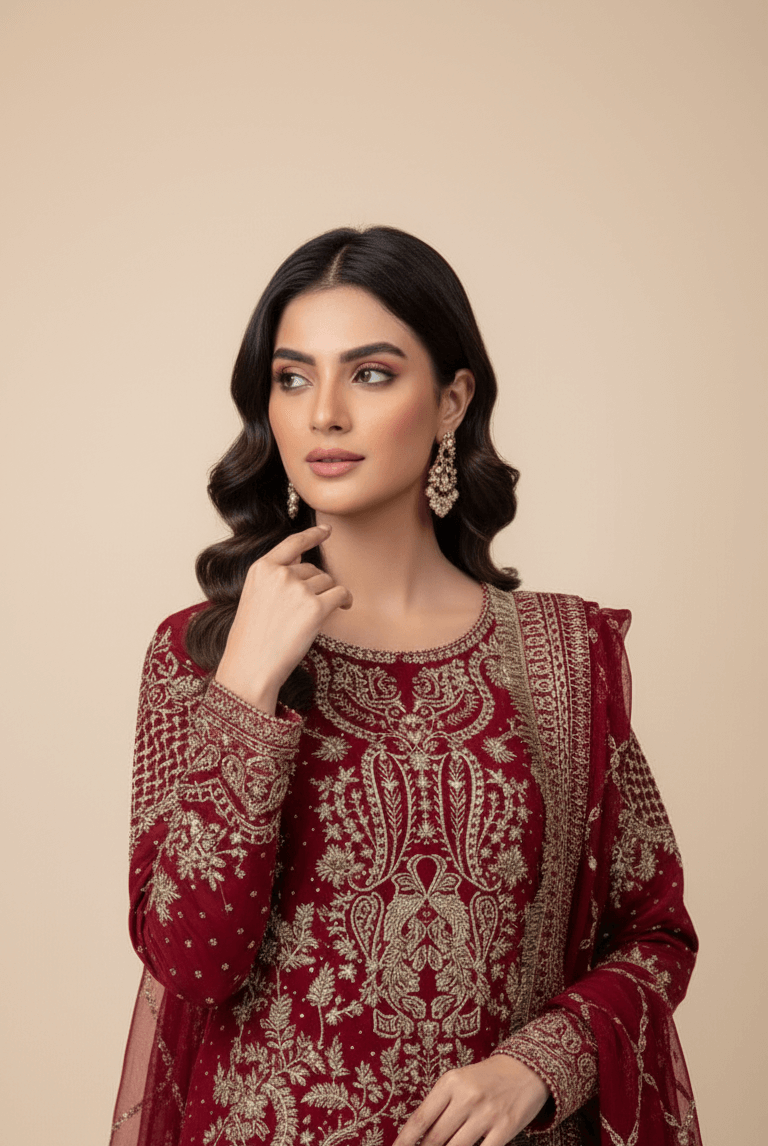 Pakistani women's maroon chiffon straight shirt shalwar detail view