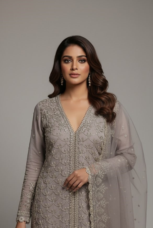Organza straight shirt plazo dark grey - Pakistani women's formal party wear with grip plazo and organza dupatta front view