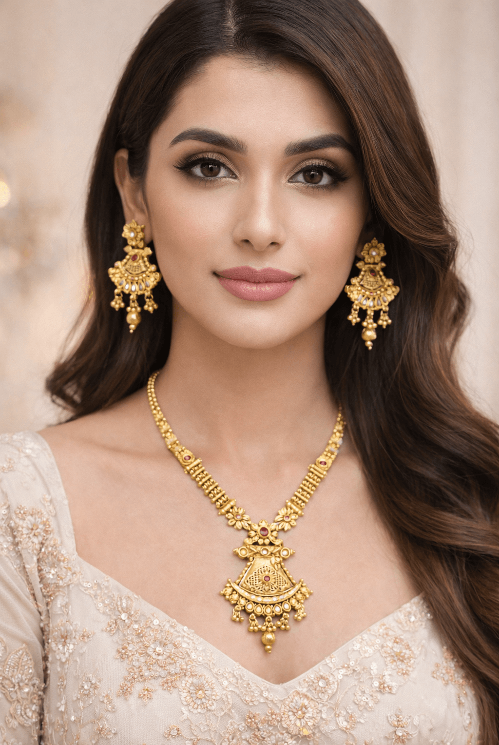 Royal heritage gold necklace set - Pakistani women's luxury bridal jewelry with traditional red stone pendant and statement earrings front view