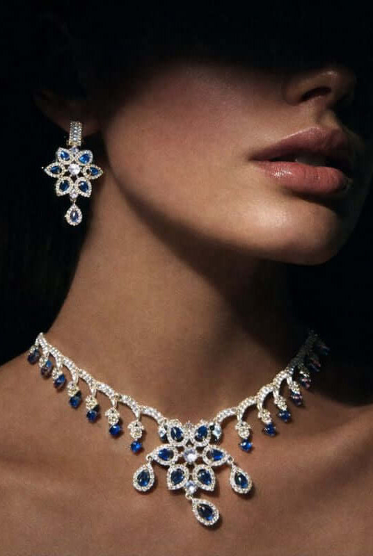 Pakistani women's royal sapphire drop necklace set side view