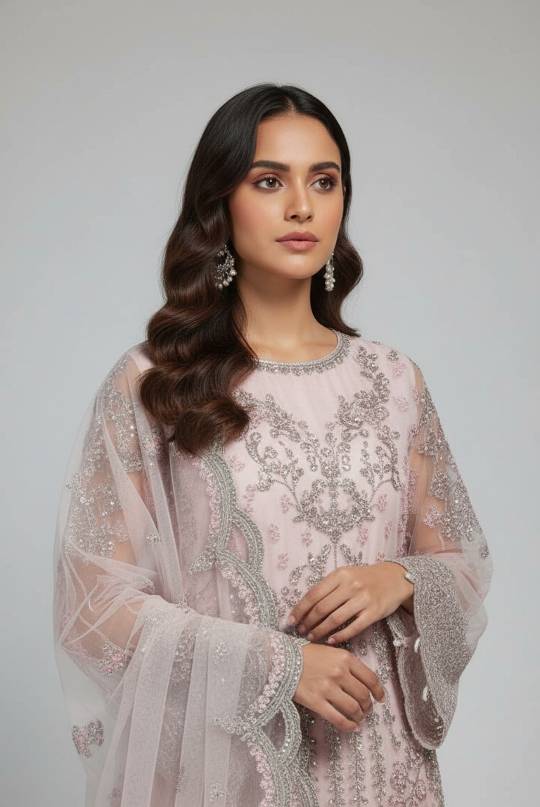 Pink organza Pakistani women's straight shirt side view