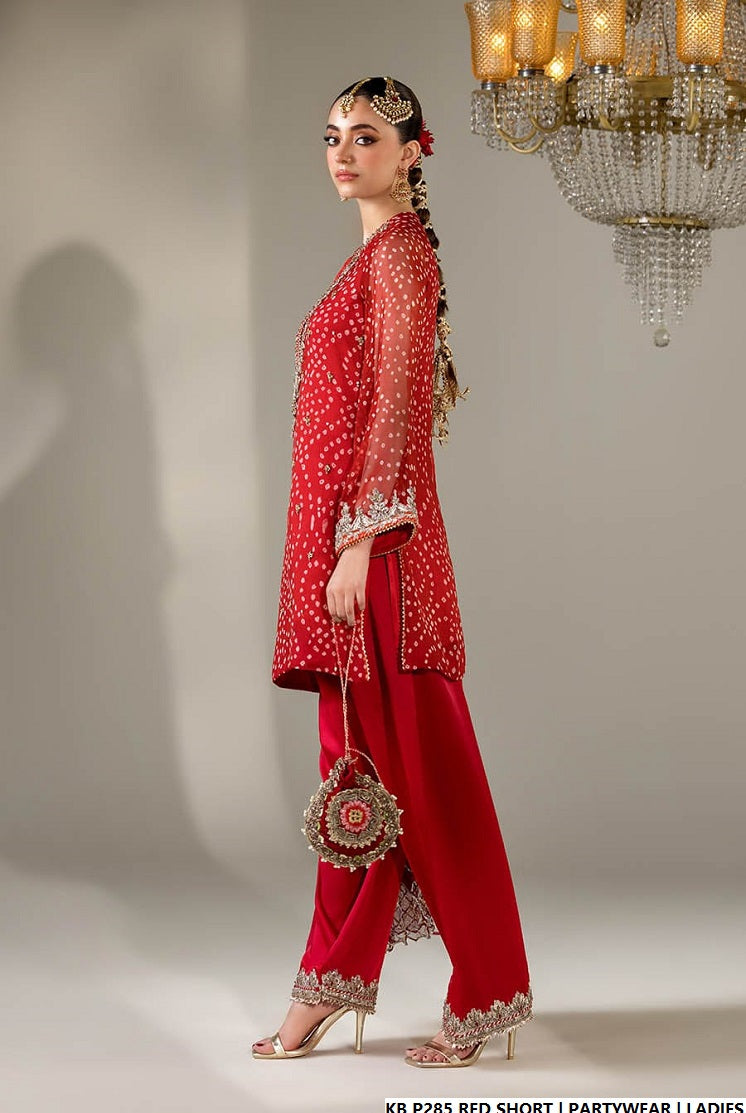 Pakistani women's red hand embroidered luxury short suit full view