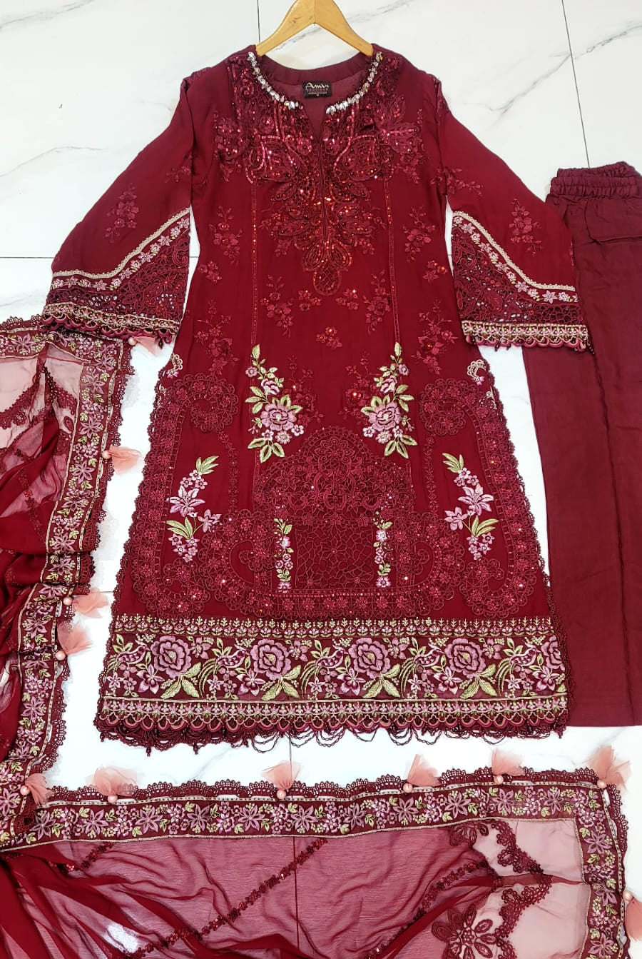 Pakistani women's maroon organza A-Line shirt full view