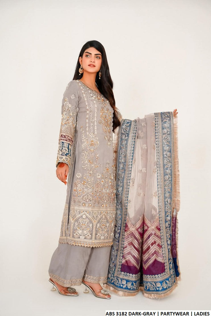 ABS 3182 Pakistani women's chiffon outfit with organza dupatta detail view