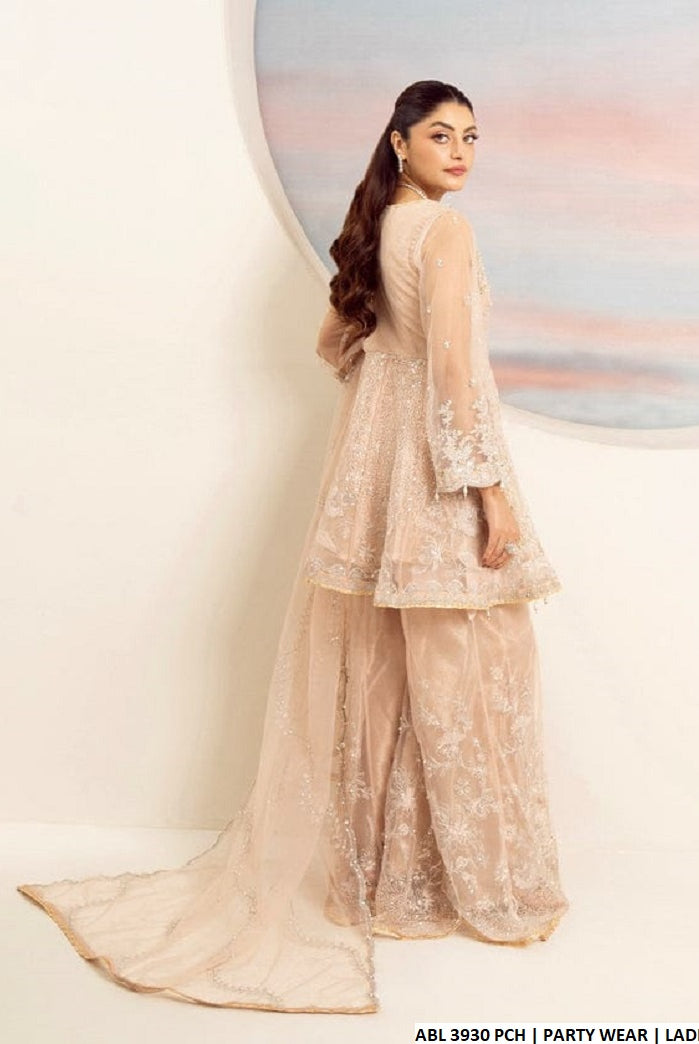 ABL 3930 soft net Pakistani women's frock with gharara back view