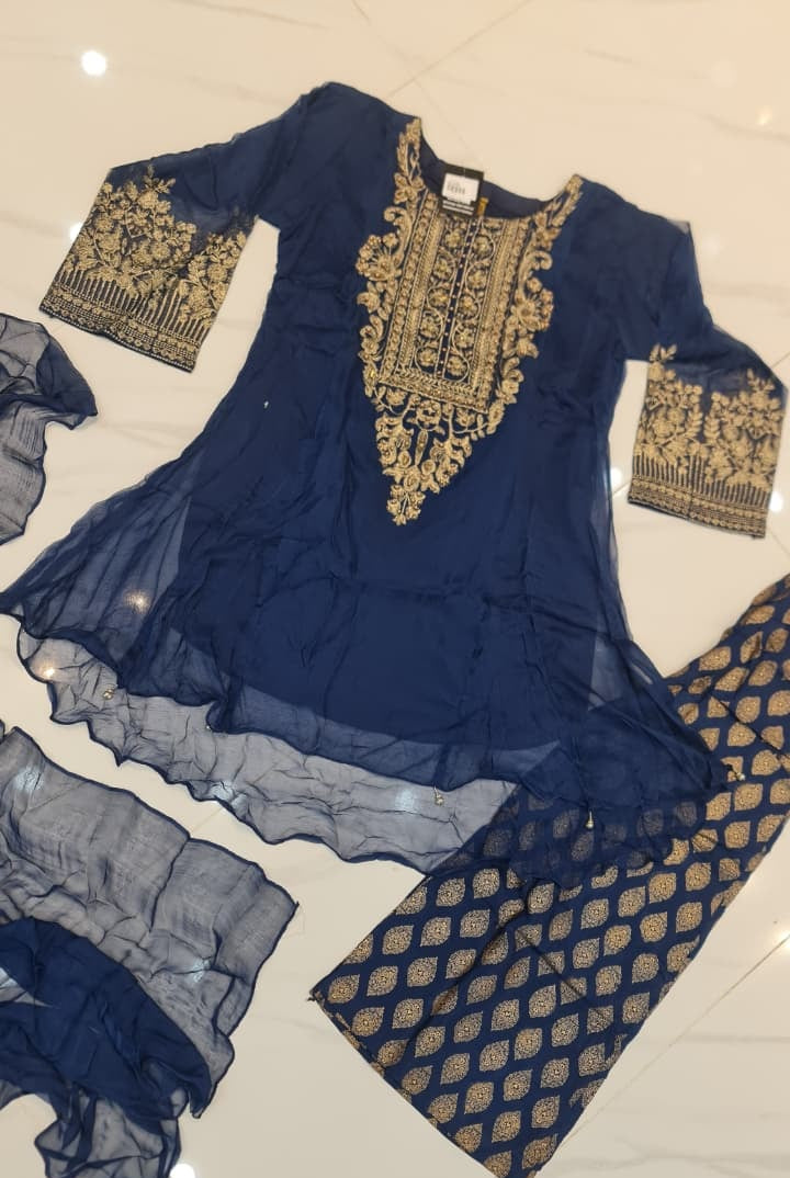 Pakistani women's navy blue chiffon short frock back view