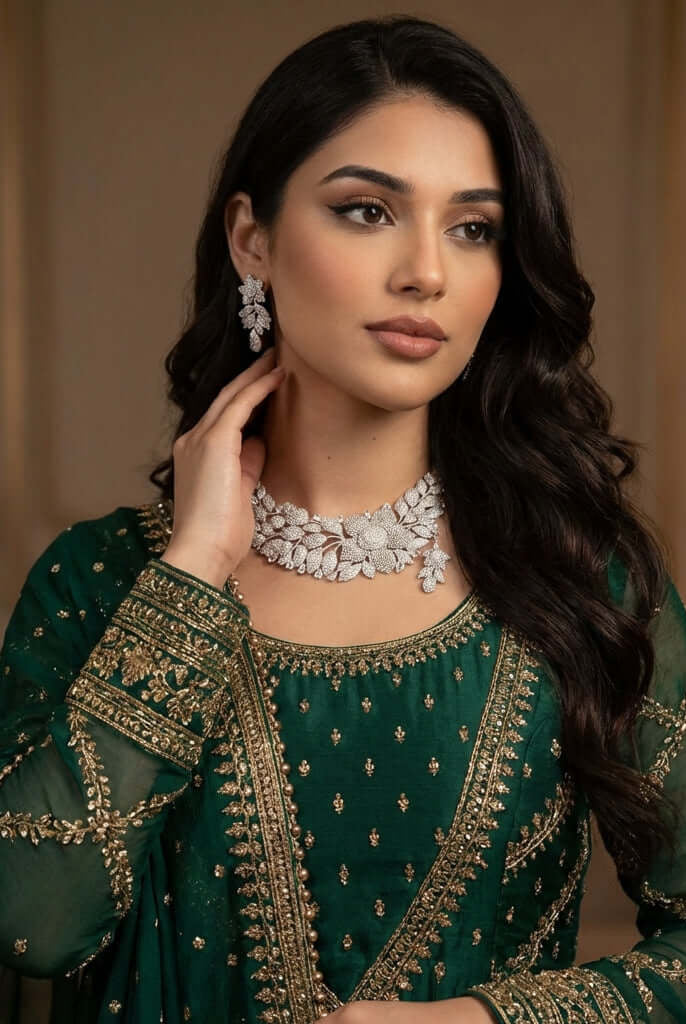 Pakistani women's floral diamond luxury necklace set detail view