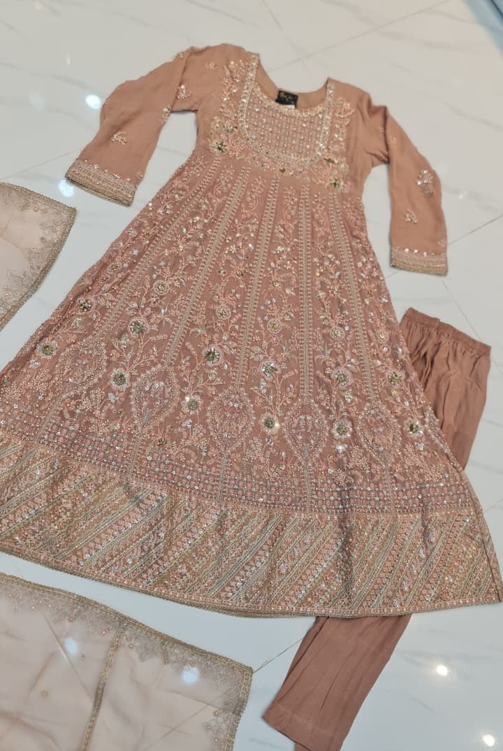 Tea pink chiffon Pakistani women's long frock back view