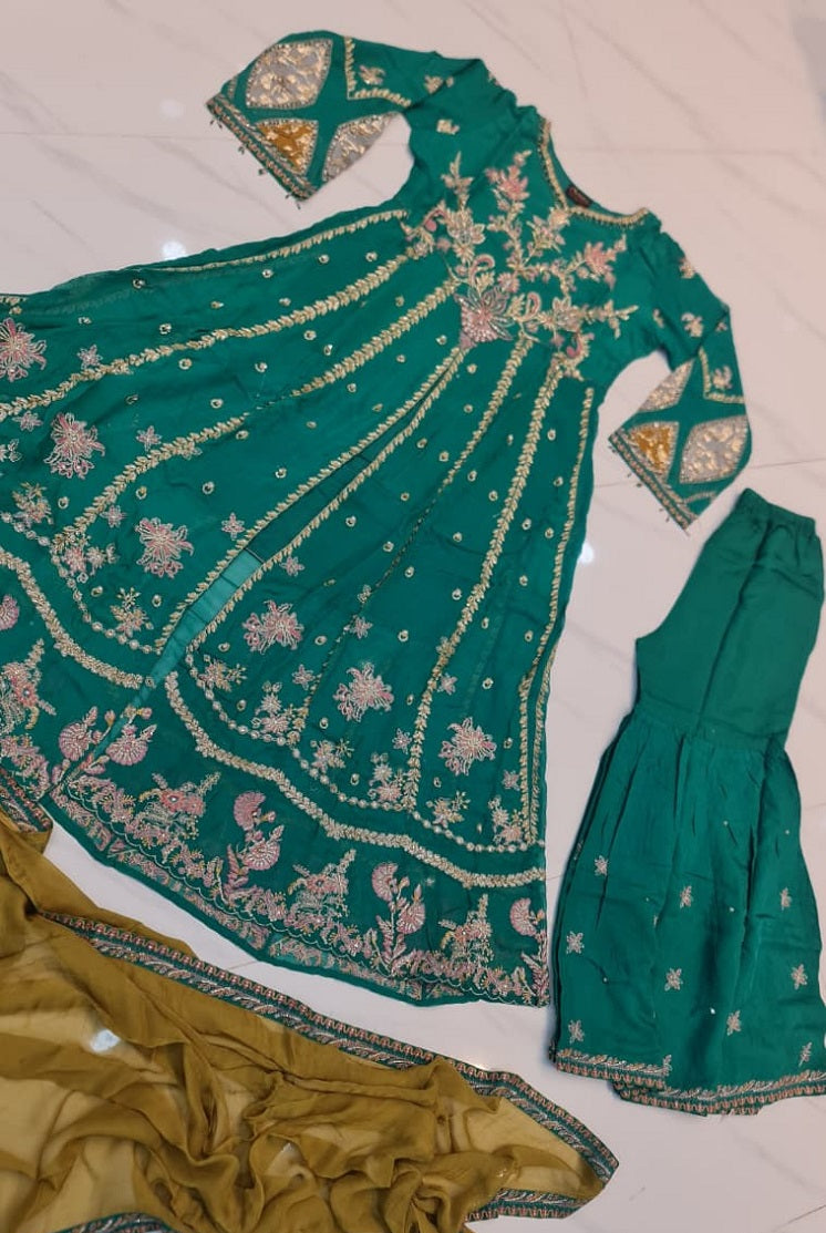 Pakistani women's sea green chiffon open frock back view