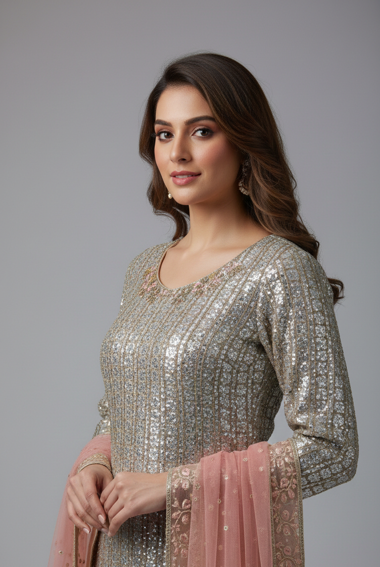Beige chiffon Pakistani women's straight shirt with plazo side view