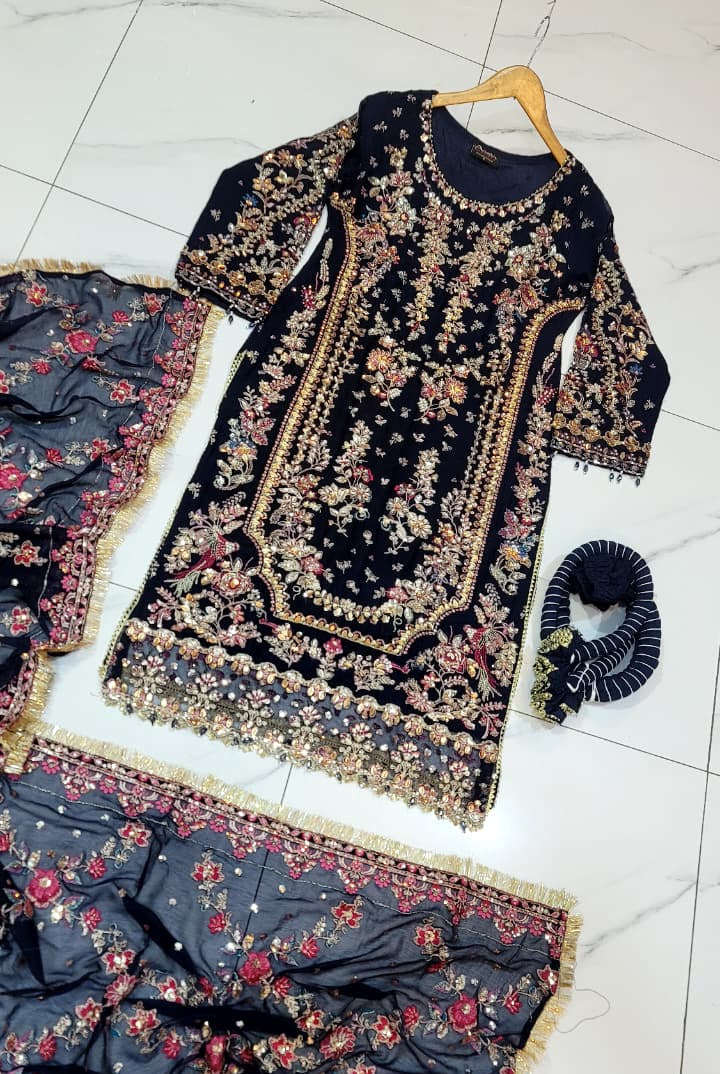 Pakistani women's navy blue chiffon A-Line shirt back view