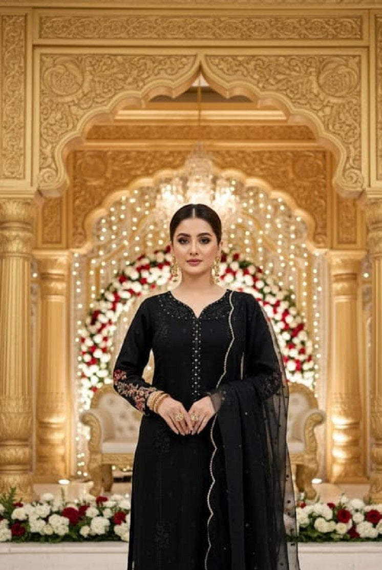 Chiffon straight shirt black - Pakistani women's casual party wear with viscose trouser and chiffon dupatta front view
