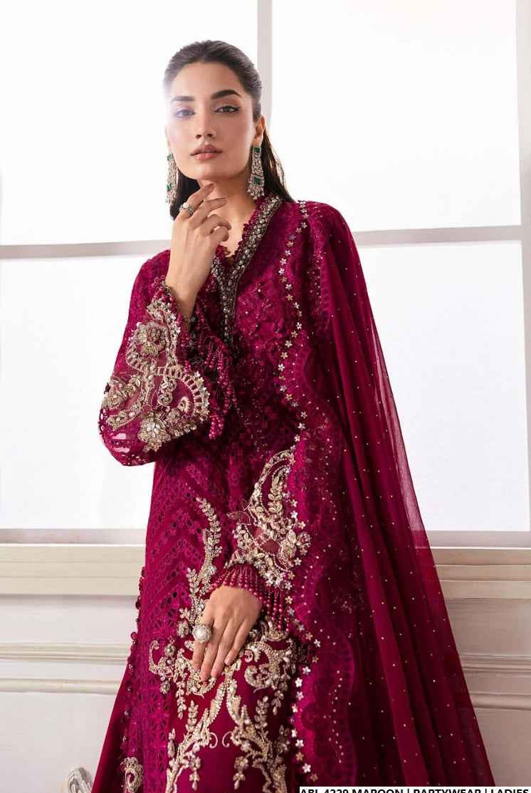 Pakistani women's maroon organza A-Line shirt detail view