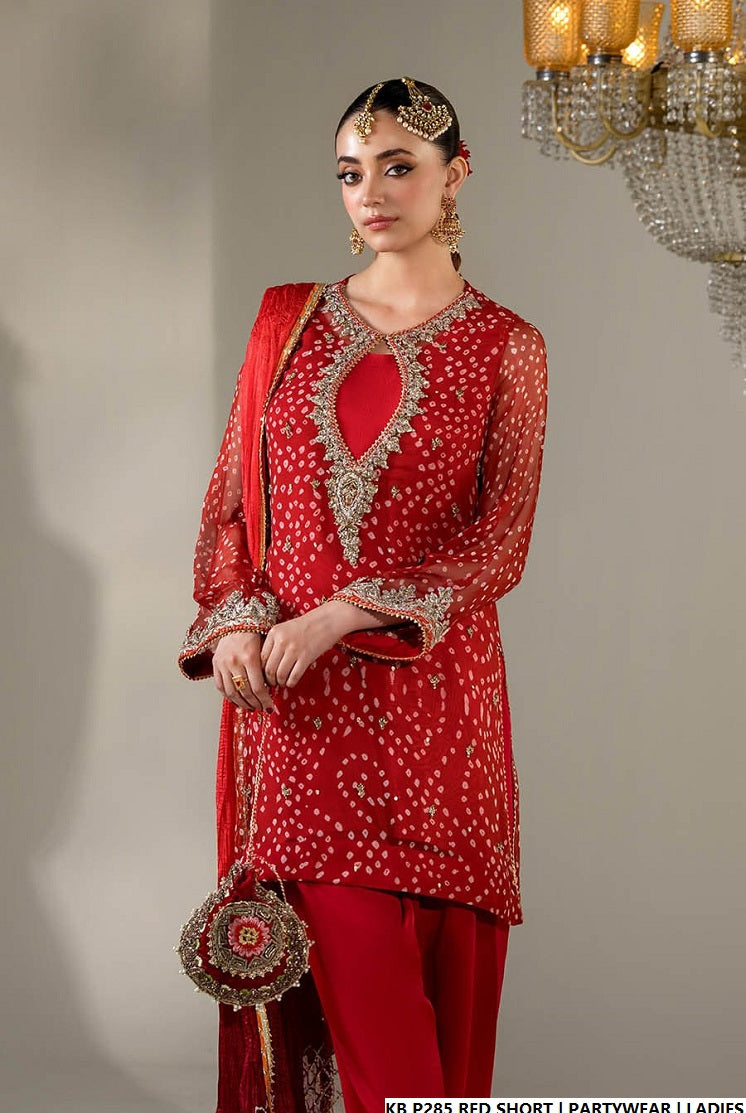 Pakistani women's red hand embroidered luxury short suit back view