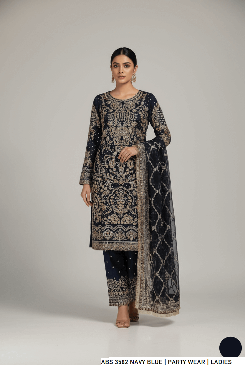 Chiffon straight shirt shalwar navy blue - Pakistani women's formal party wear with viscose shalwar and chiffon dupatta front view