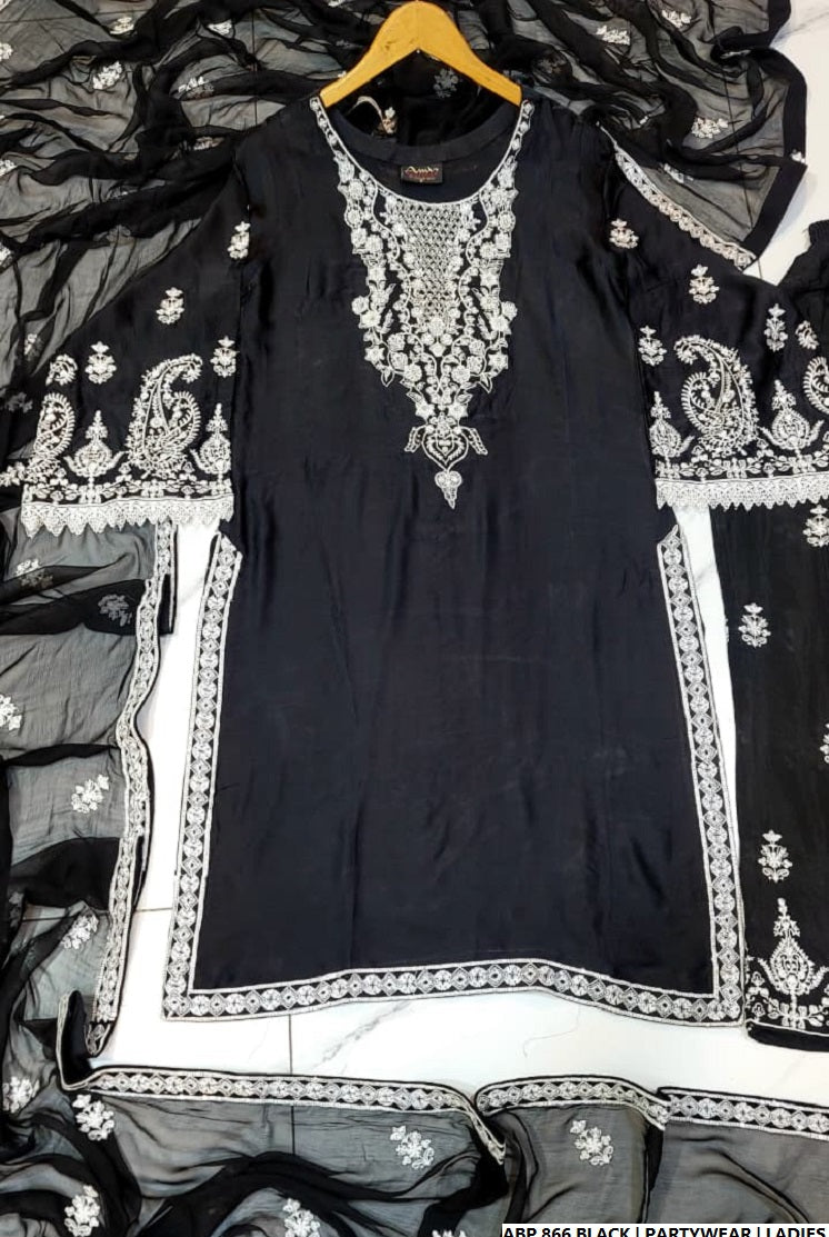 Silk straight shirt black - Pakistani women's formal party wear with silk trouser and chiffon dupatta front view