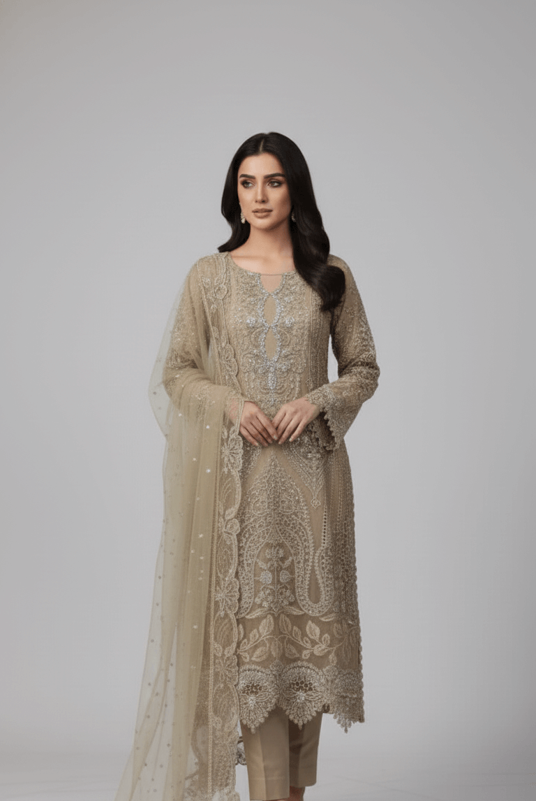 Chiffon straight shirt plazo - Pakistani women's party wear with grip plazo and organza dupatta front view
