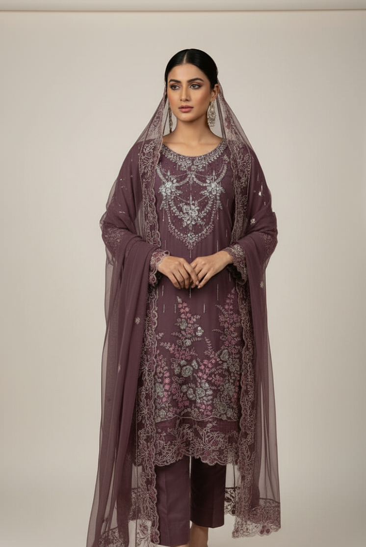 Chiffon straight shirt plazo rose gold - Pakistani women's party wear with viscose plazo and chiffon dupatta front view