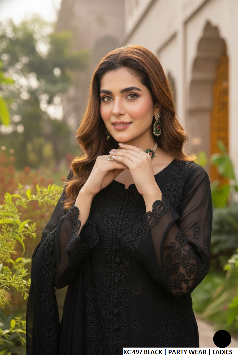 Black silk Pakistani women's long A-Line shirt with plazo side view