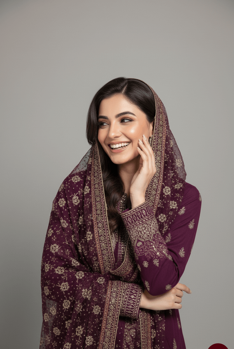 Purple chiffon Pakistani women's straight shirt with jamawar gharara side view