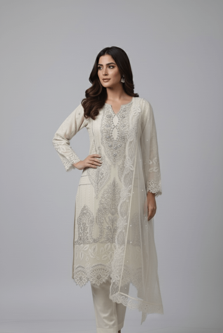 Chiffon straight shirt plazo - Pakistani women's party wear with viscose plazo and organza dupatta front view