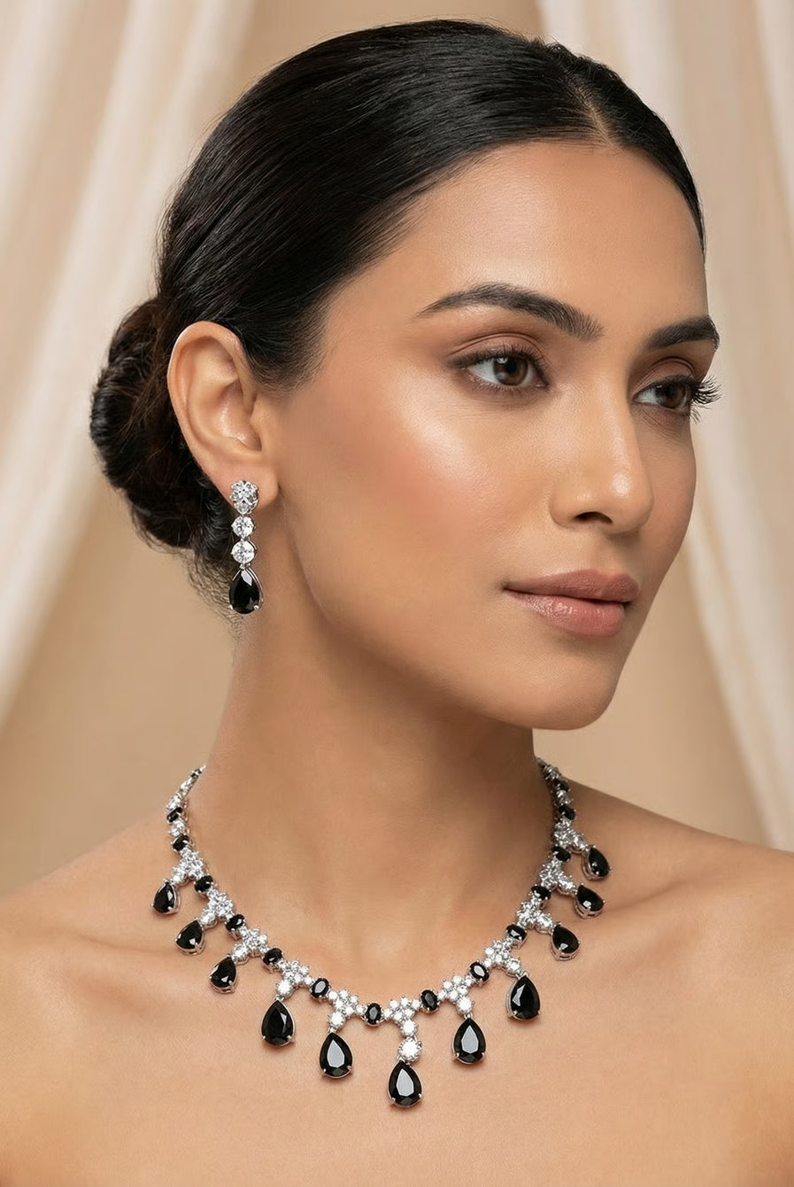 Midnight crystal elegance necklace set - Pakistani women's luxury formal jewelry with black teardrop stones and zircon clusters front view