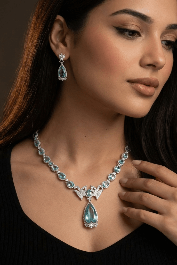 Emerald bird motif luxury necklace set 1 carat - Pakistani women's bridal formal jewelry with emerald green stones front view
